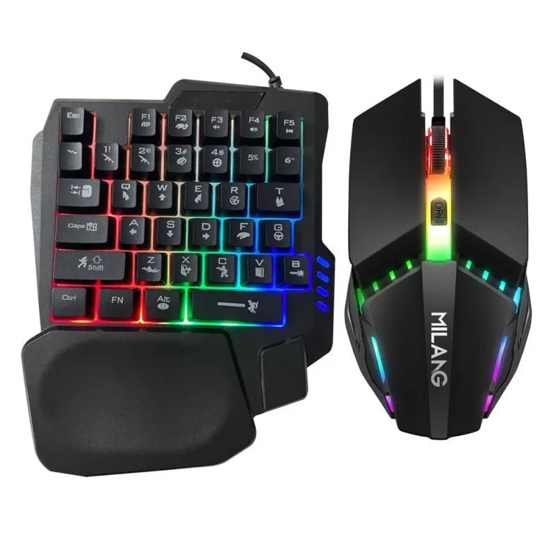 Black one-handed mechanical keyboard and mouse set with a 1.5 metre USB cable on a desktop.