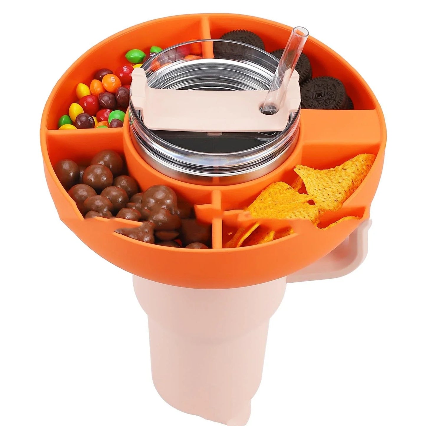Versatile Silicone Snack Tray with four compartments, designed to attach to 40oz Stanley cups for convenient on-the-go snacking