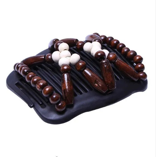 Elastic beaded hair comb with plastic frame and wooden beads, 17.5x10.3cm, vintage hair accessory