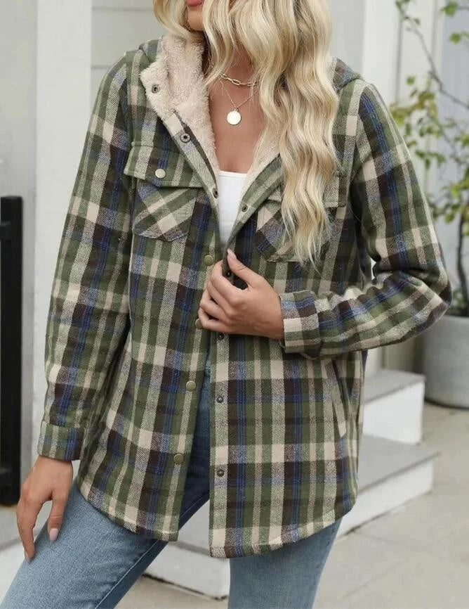 Casual Plaid Hooded Woolen Coat with fleece lining in various colors