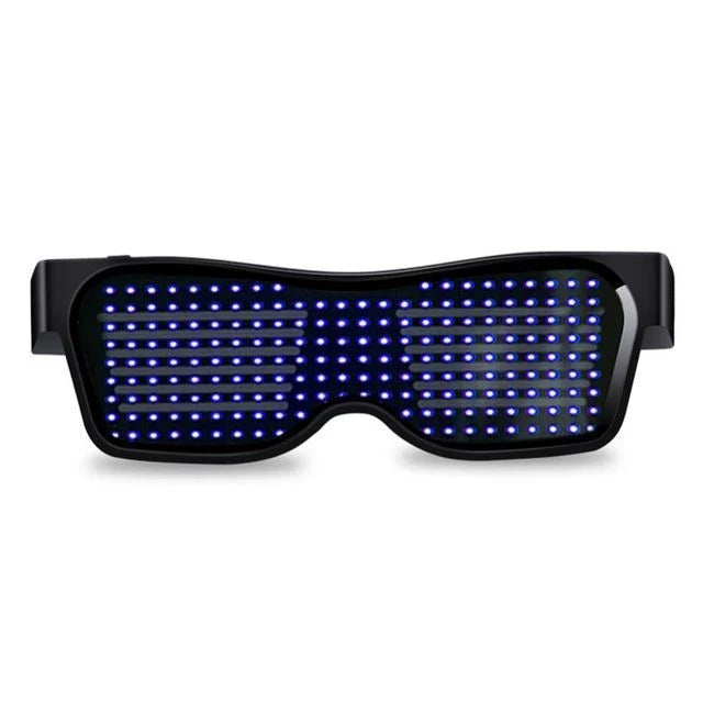 Bluetooth-enabled LED party glasses with dynamic, flashing light effects in multiple vibrant colors