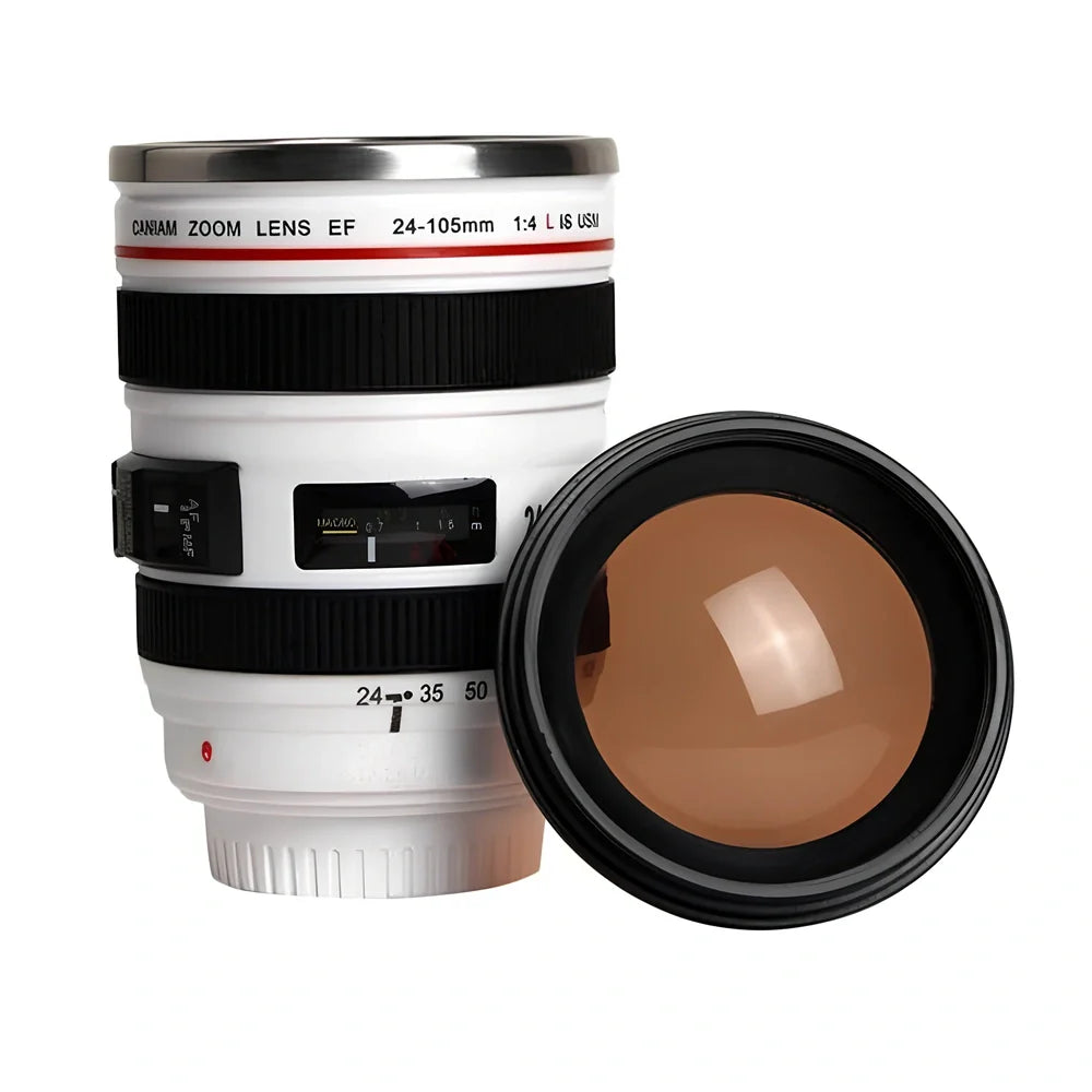 Stainless steel camera lens design travel mug with 400ml capacity and insulation