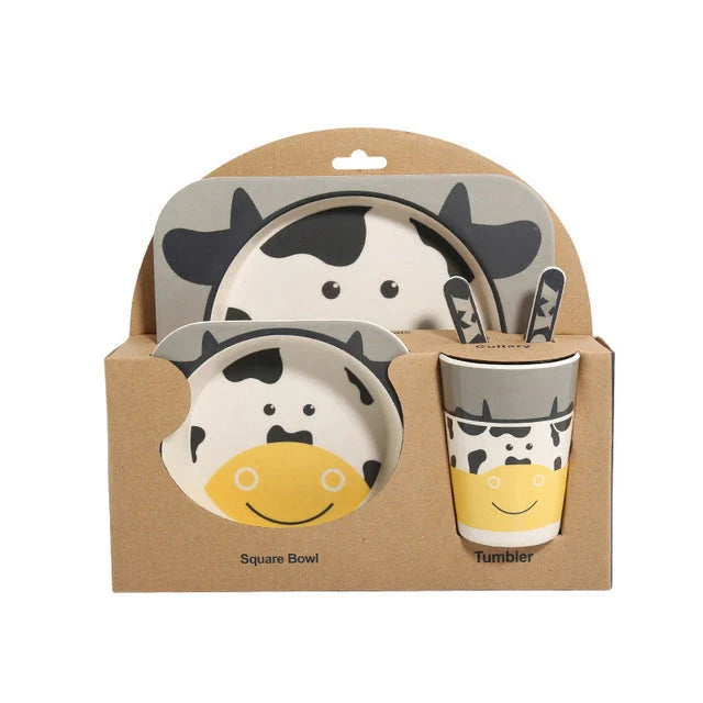 5-piece eco-friendly bamboo fiber children's tableware set with animal designs, including plate, bowl, cup, fork, and spoon