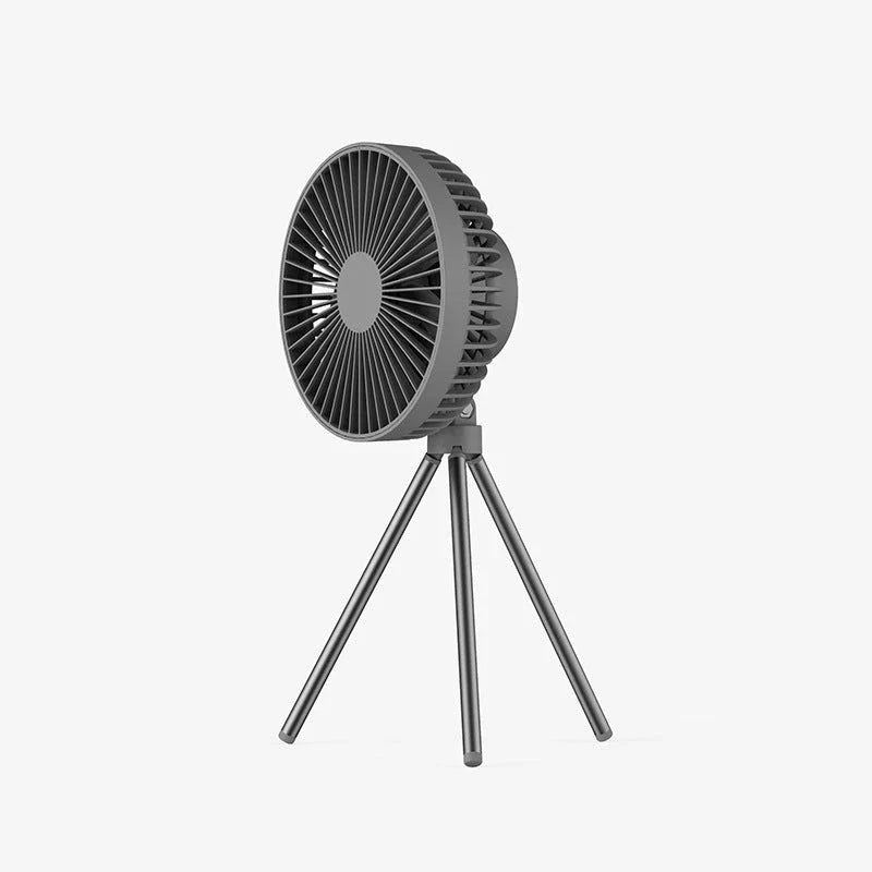 Versatile USB Rechargeable Camping Fan with Tripod Stand and Lantern, offering a premium aluminum alloy construction, 3-in-1 design, and powerful brushless motor for a refreshing outdoor experience.