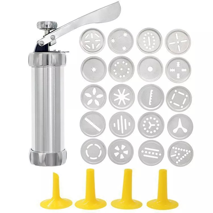 Stainless steel cookie press gun with multiple discs for baking and icing