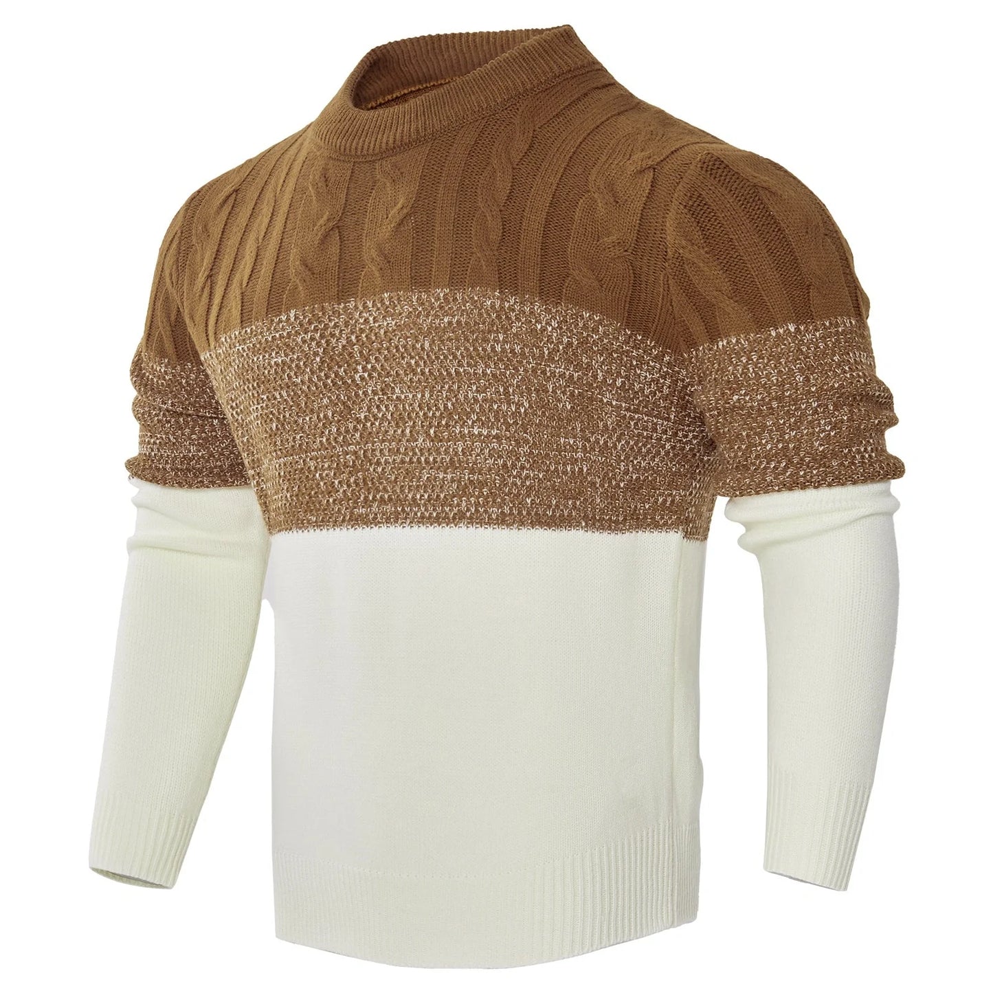 Men's color block cable knit acrylic sweater in black, blue, and brown