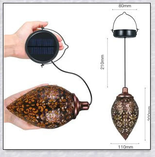 Decorative, solar-powered metal lantern for hanging in outdoor gardens, patios, and backyards