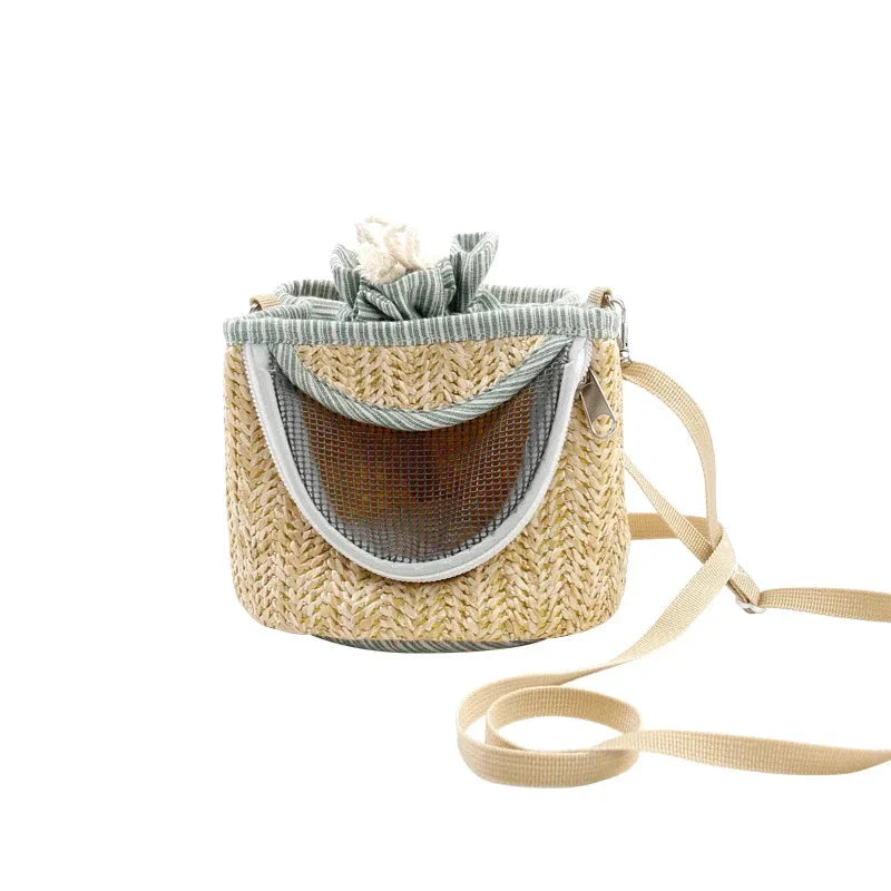 Portable straw-woven parrot backpack cage for small birds like parrots, with breathable design and durable construction