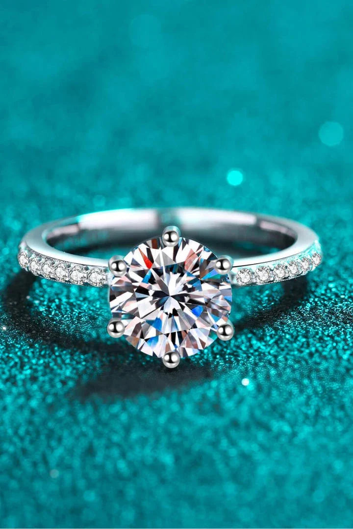 925 Sterling Silver Moissanite Ring with 2 carat center stone and zircon accents