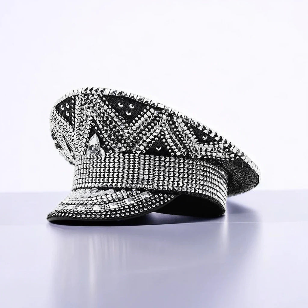 A stylish black hat with paillette and diamond embellishments, designed for versatile use from parties to photography