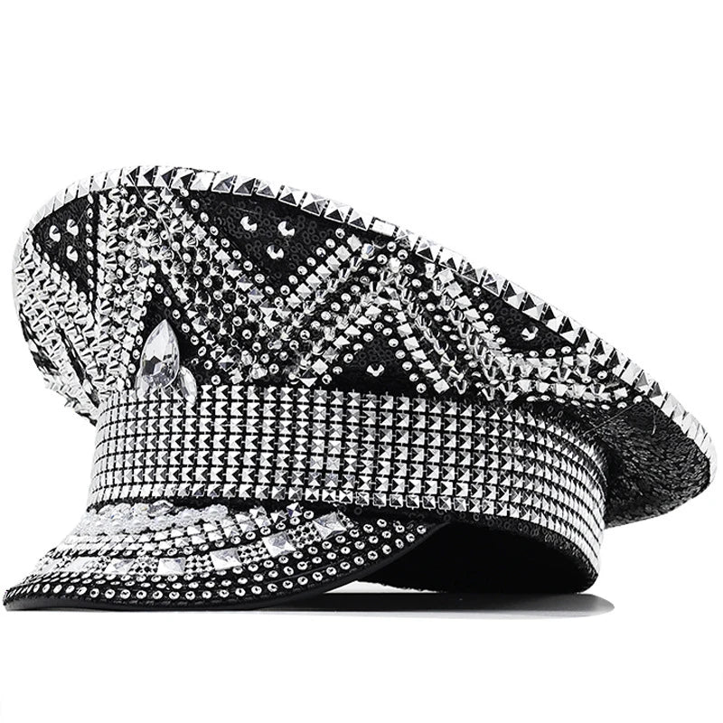 A stylish black hat with paillette and diamond embellishments, designed for versatile use from parties to photography