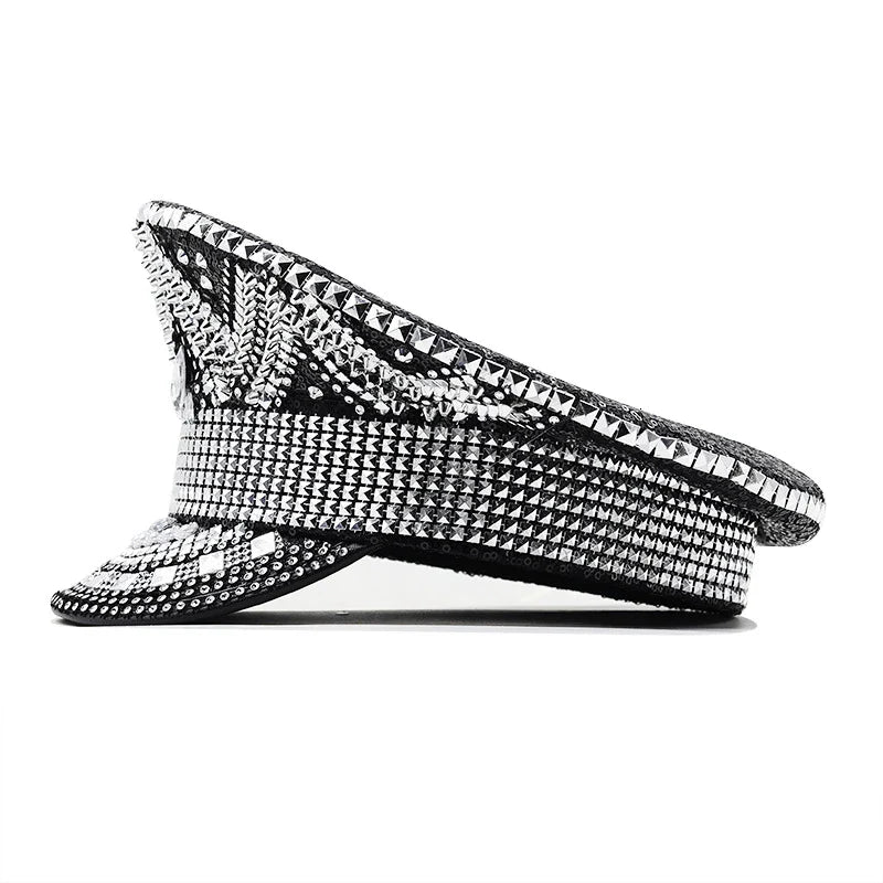 A stylish black hat with paillette and diamond embellishments, designed for versatile use from parties to photography