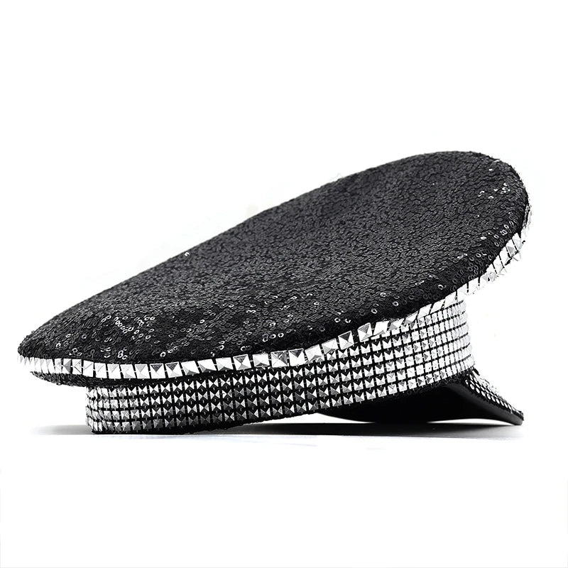 A stylish black hat with paillette and diamond embellishments, designed for versatile use from parties to photography