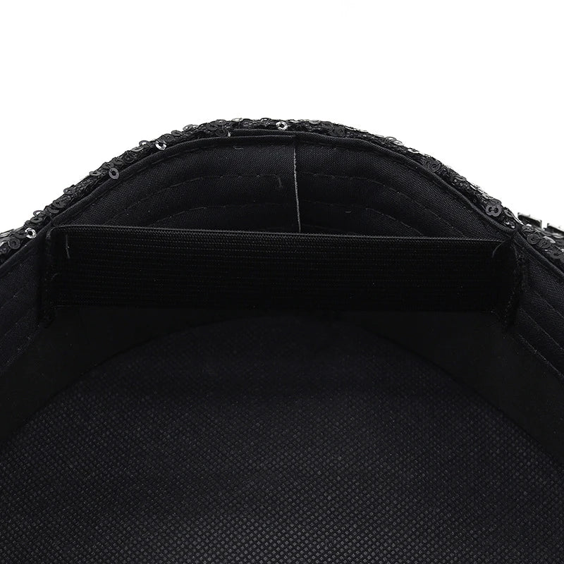 A stylish black hat with paillette and diamond embellishments, designed for versatile use from parties to photography