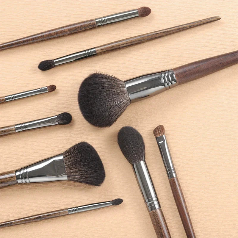 9-Piece Premium Makeup Brush Set with Soft Goat Hair Bristles and Ergonomic Wooden Handles