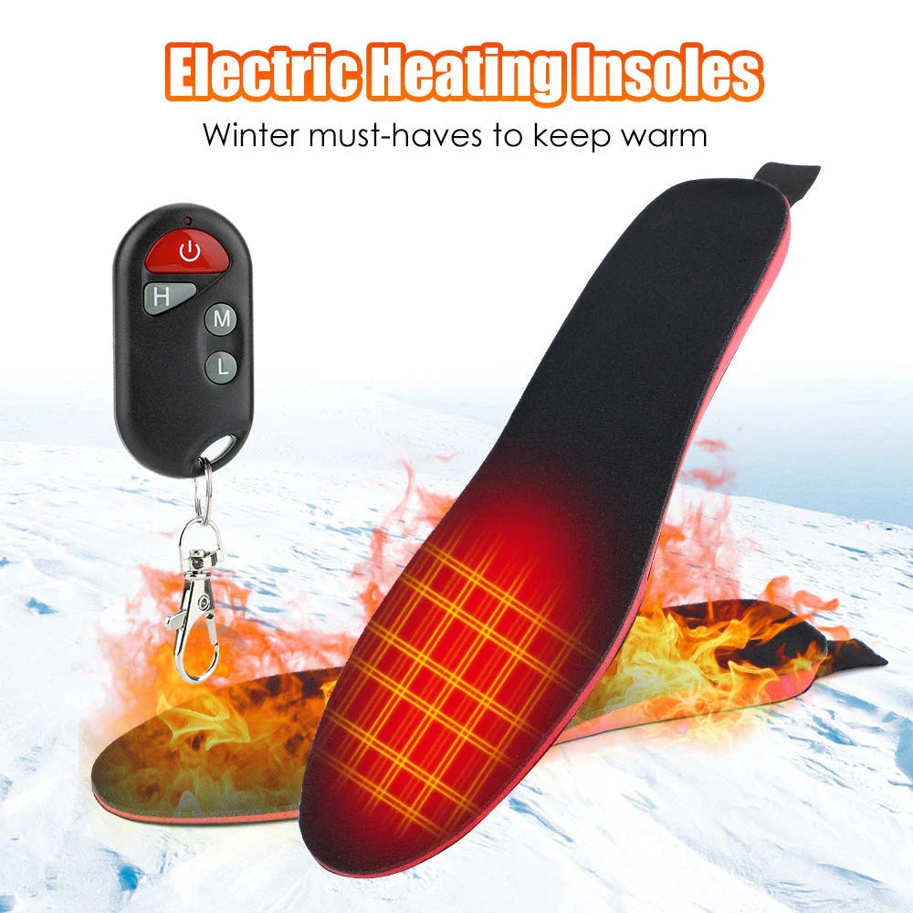 Heated insoles for men and women with rechargeable electric foot warming pads, designed to fit any size boot or shoe