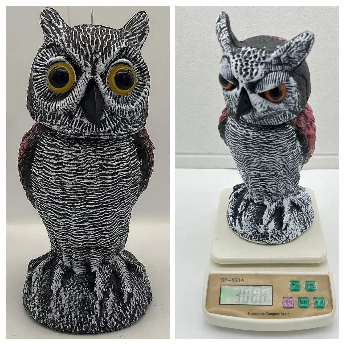Set of artificial owl bait ornaments with shaking heads for scaring birds outdoors.