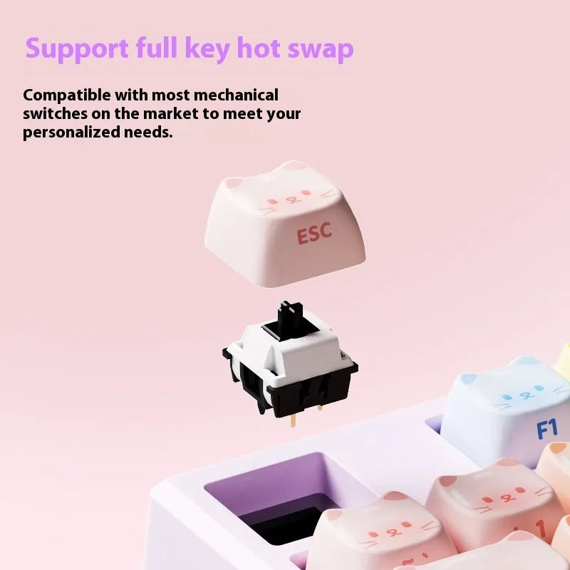 Coloured sugar cat themed Bluetooth mechanical keyboard with 108 keys on a desk.