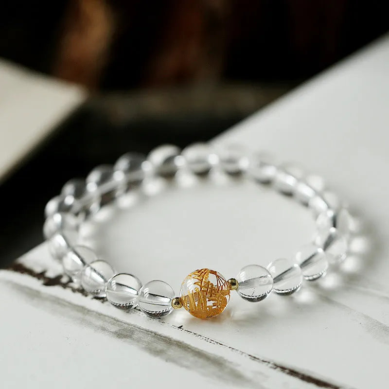 Geometric obsidian black agate white crystal bracelet with golden dragon charm on 14-16cm wrist