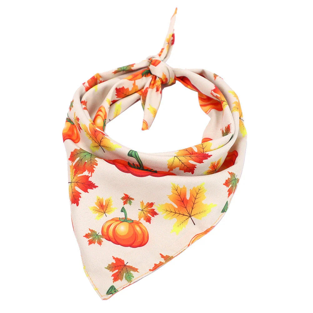 Cozy Thanksgiving-themed pet collar made of absorbent cloth material to catch drool and prevent messes during the holiday festivities.