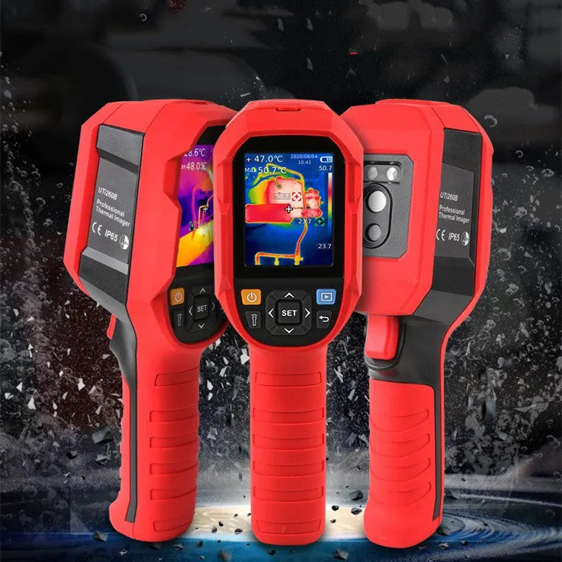 UTi260B infrared thermal imager with 2.8-inch screen, measuring 236x75.5x86mm, showing thermal image on display