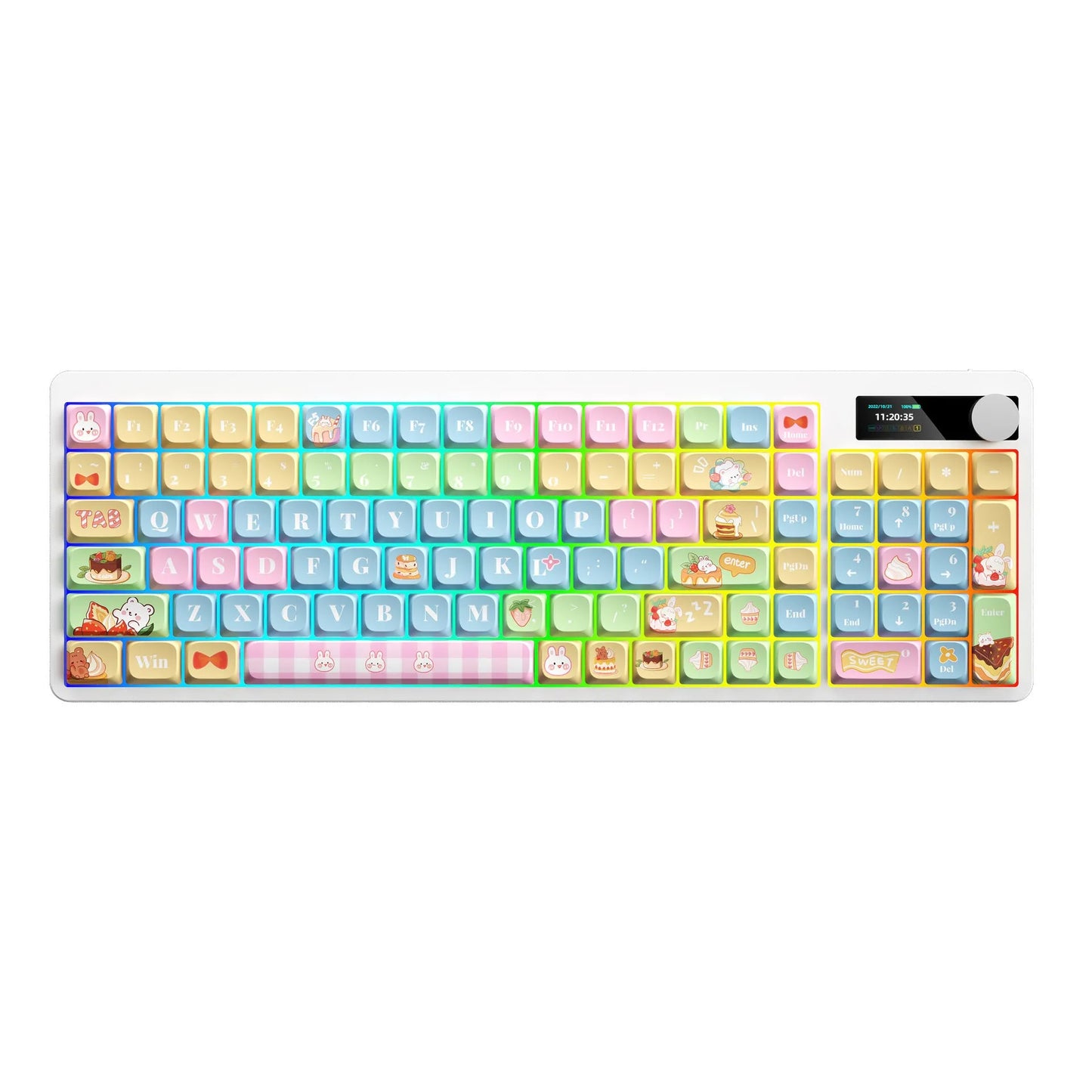 Black iron cow layout mechanical keyboard with RGB backlighting on a desk.