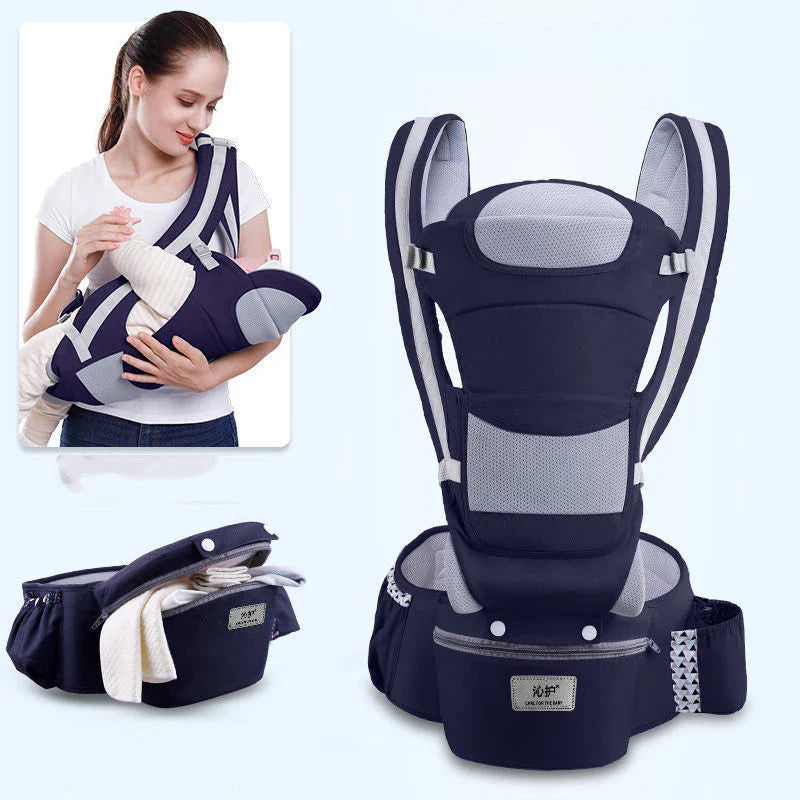 3-in-1 ergonomic baby carrier with multiple carry options, including front-facing and hip-hugging, designed for newborns to toddlers