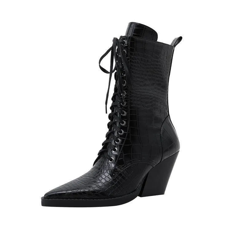 Dark brown women's ankle boots with a chunky heel, pointed toe, side zipper, and a retro stone pattern on the microfiber upper.