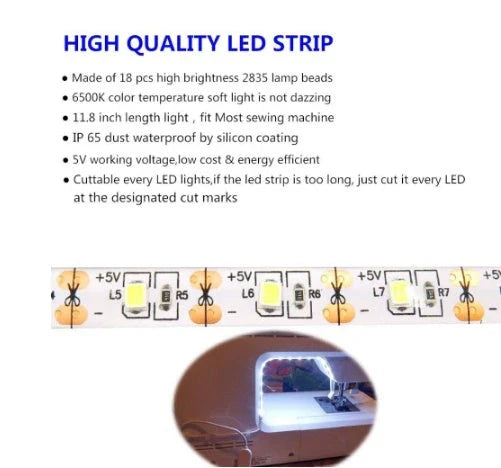Adjustable sewing machine LED light bar with touch-sensitive dimming controls for customizable illumination