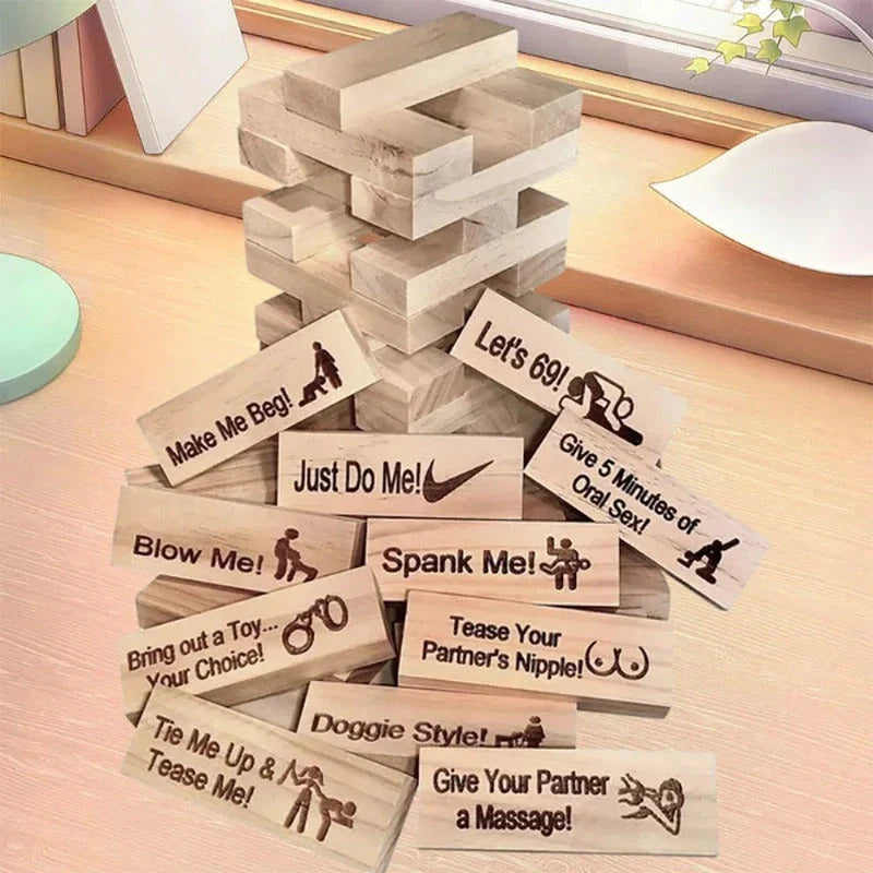 Couple's intimacy block tower game made from sustainable wood for date nights