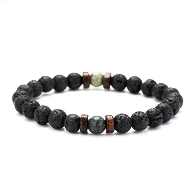 Stylish men's bracelet made with natural volcanic stone, flash stone, and wood chip in a geometric, mosaic-like design
