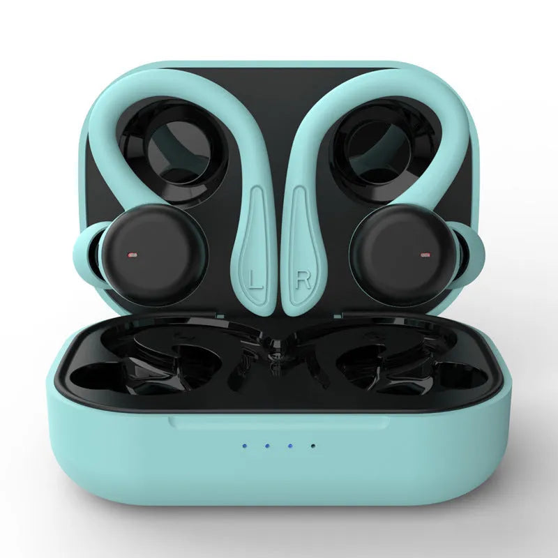 Sports true wireless hanging ear earphones in black, with removable ear hooks and multiple silicone earbuds.