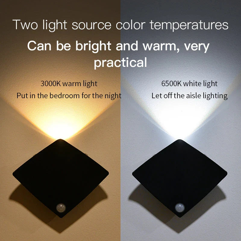 Wireless motion-activated wall lamp with USB recharging, available in black or white finish