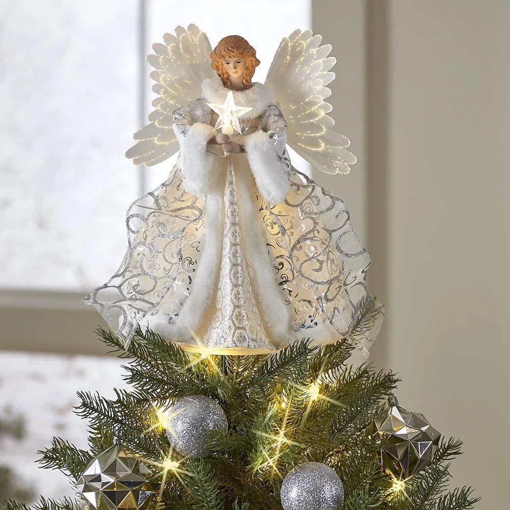 Radiant angel Christmas tree topper with glowing LED lights, creating a warm and enchanting holiday decoration