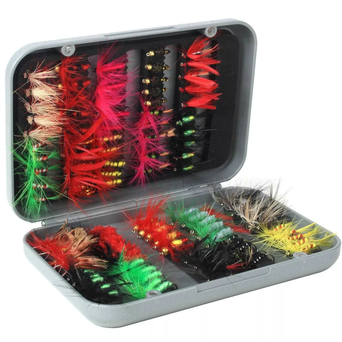 Fishing Gear 100 Fly Bait Set with real feathers for authentic movement