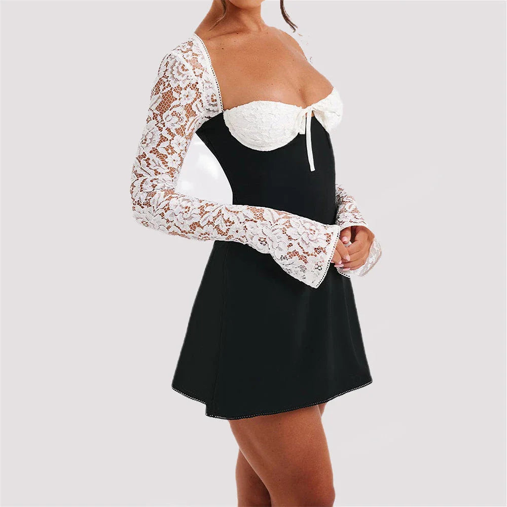 Elegant backless lace-up dress in various colors, featuring long sleeves and a short skirt length