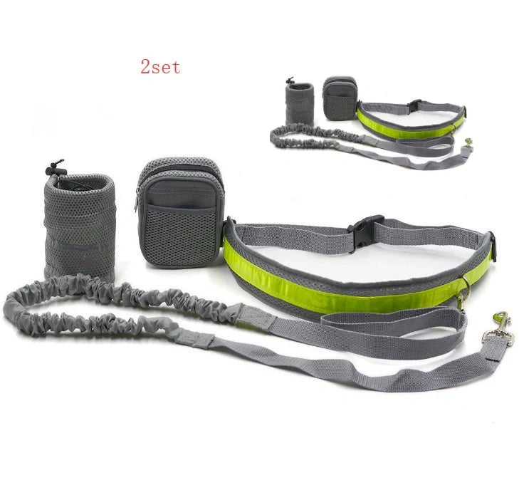 Adjustable hands-free dog leash set in gray, black, green, or red with waist and sundries bags