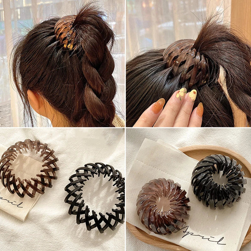 Adjustable ponytail hair accessory with flexible teeth, available in various colors, designed for easy, natural-looking hairstyles