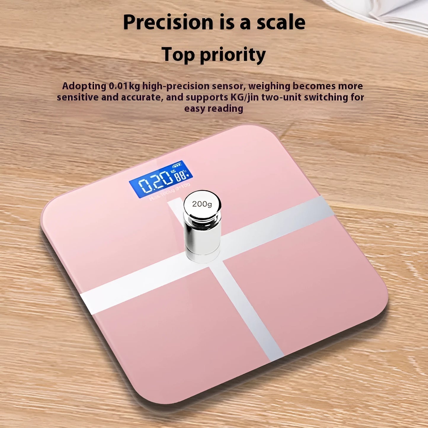 Household digital bathroom scale with large tempered glass top in rose gold finish on white bathroom floor.