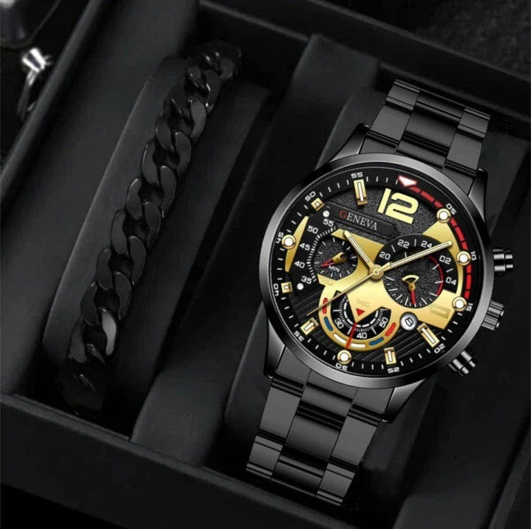 Men's stainless steel watch and coordinating bracelet set in various color options