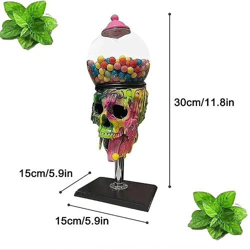 Spooky skull-shaped candy dispenser with transparent brain-shaped compartment and candy on the tongue, perfect for Halloween decor