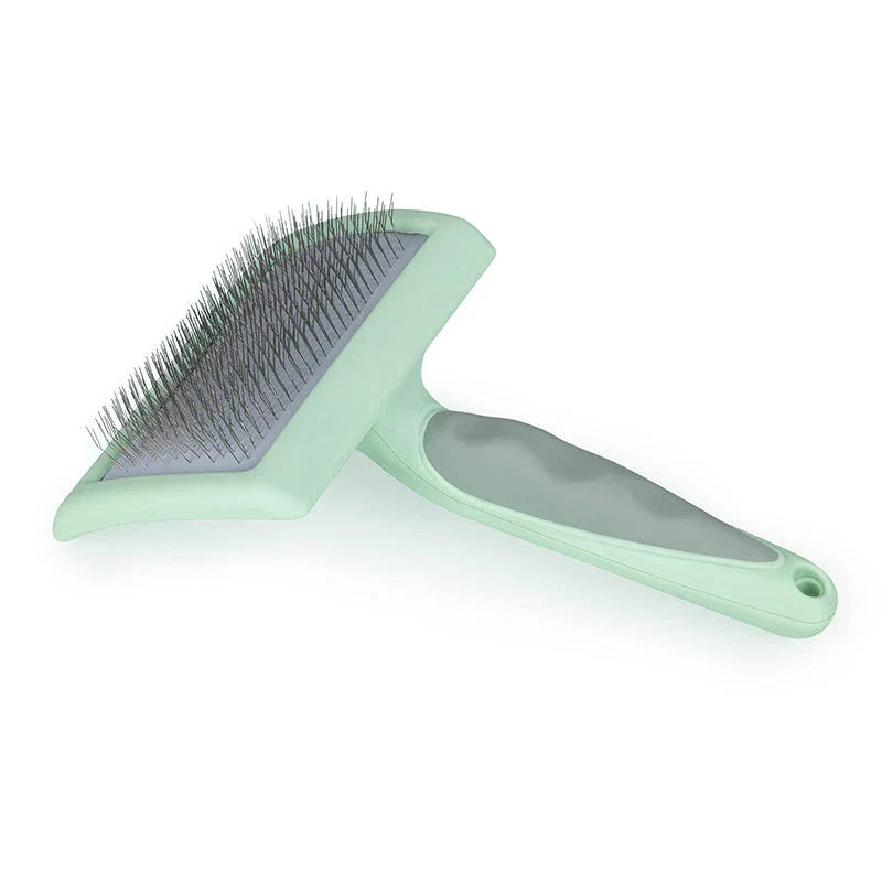 Professional Pet Slicker Brush for dogs and cats, with 135° oblique angle needle design for deep, gentle grooming and contoured brush plate for comfortable use.