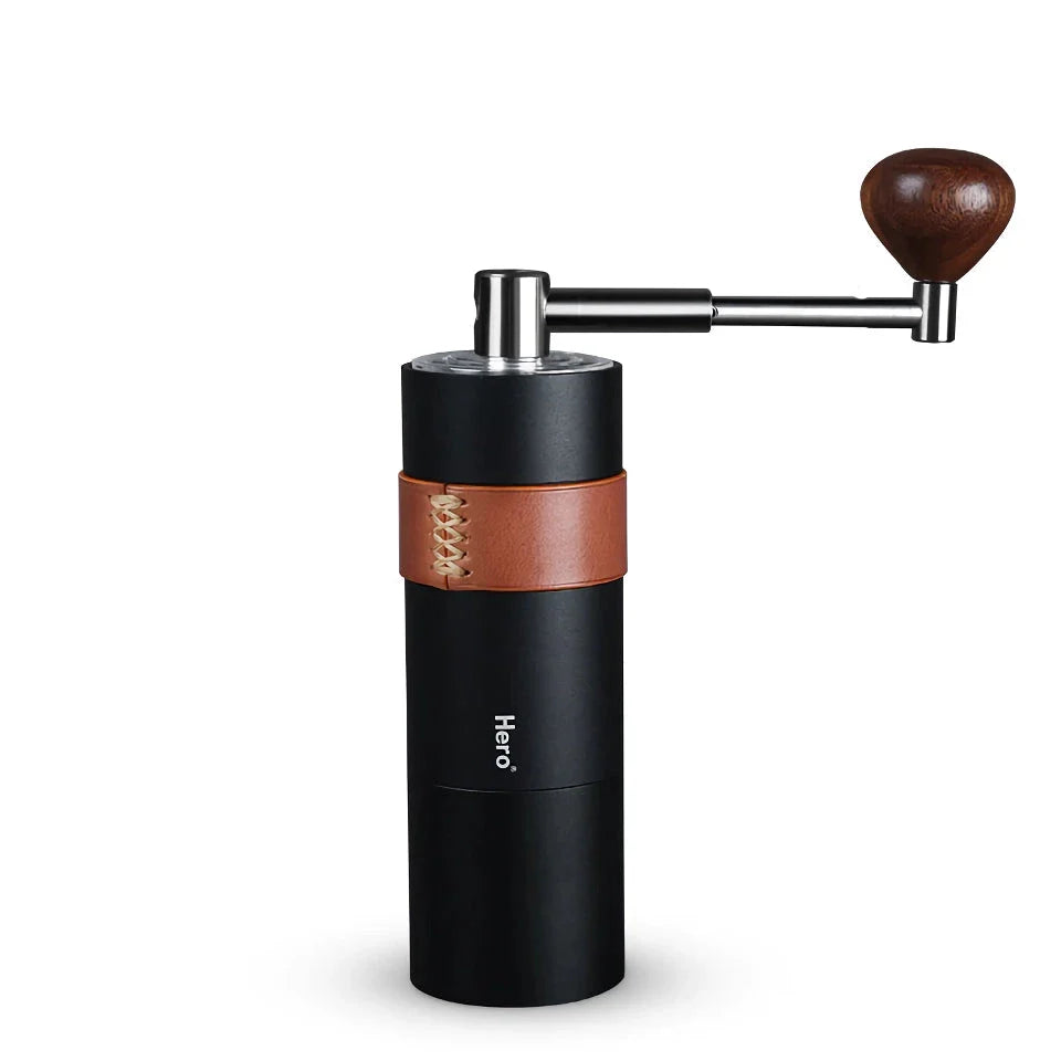 Stainless steel hand coffee grinder with conical burr design for precise, consistent grinding