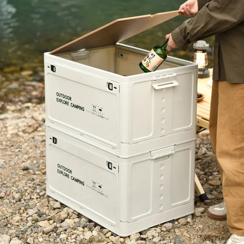 Large green and white foldable plastic storage box with wooden lid option.