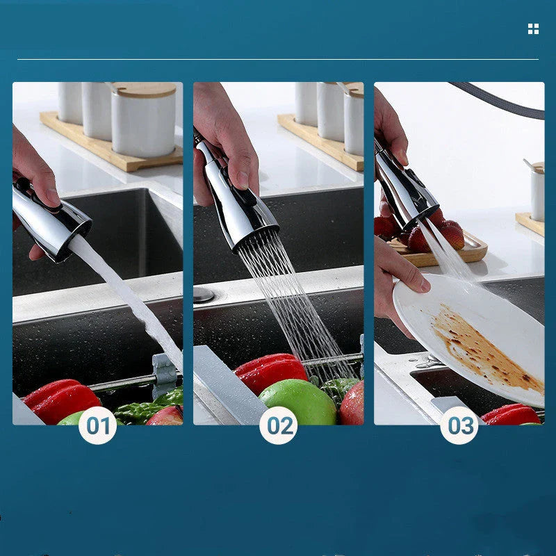 Pressurized faucet sprayer with 360-degree rotation, 3 water modes, and anti-splash design for powerful kitchen cleaning