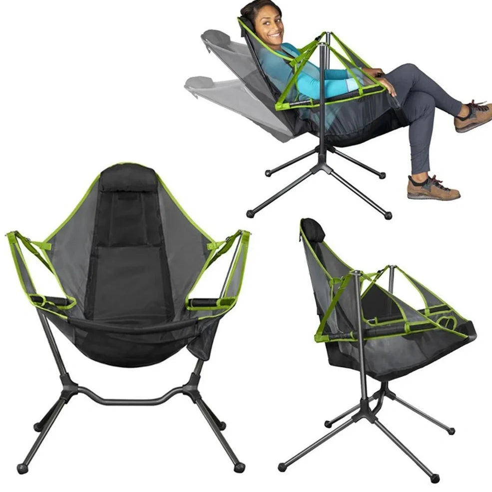 Green outdoor folding rocking chair with aluminium frame in unfolded position