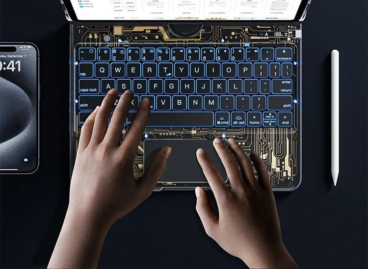 Versatile iPad keyboard cover with 360-degree rotation, silent buttons, and pen slot for enhanced productivity and style