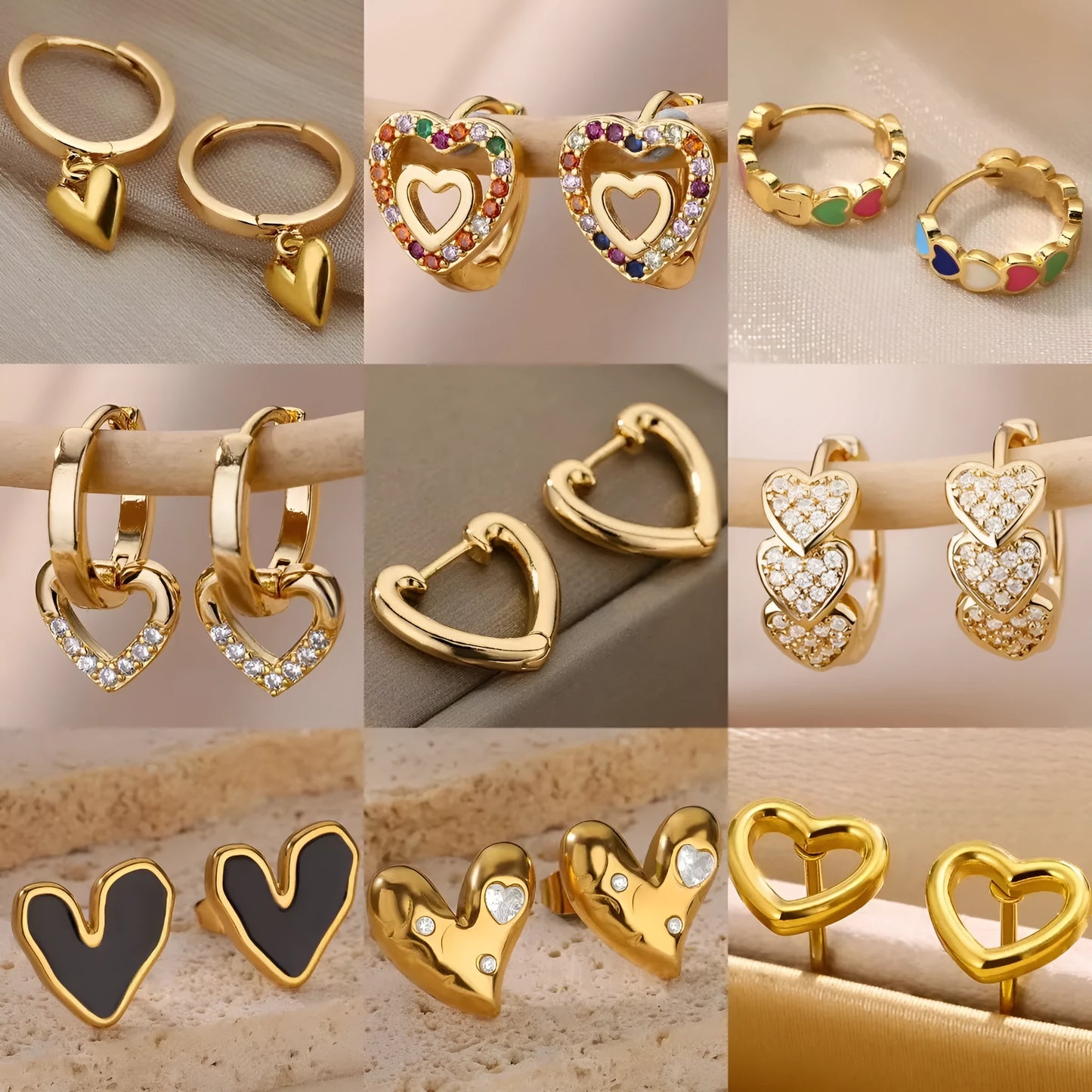 Gold-plated heart-shaped stud earrings with a simple zircon stone for women.