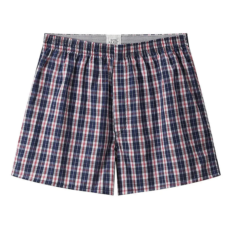Men's cotton loose boxer shorts plus size mid waist breathable in blue, black and white plaid, red plaid