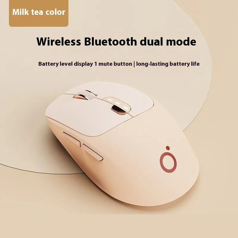 Mute wireless Bluetooth computer mouse in Matcha Green colour on a desk, showing its compact size and 5-button layout.